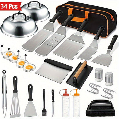 Griddle Accessories Kit 34 Piece Stainless Steel – Flat Top Grill Set with Enlarged Spatulas, Basting Cover