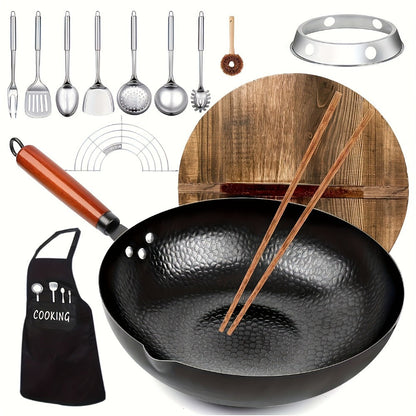 Cast Iron Wok Set 14 Piece 12.6 Inch Flat Bottom Stir Fry Pan with Lid Spatula Accessories for Home Cooking, Dining and Outdoor Meals