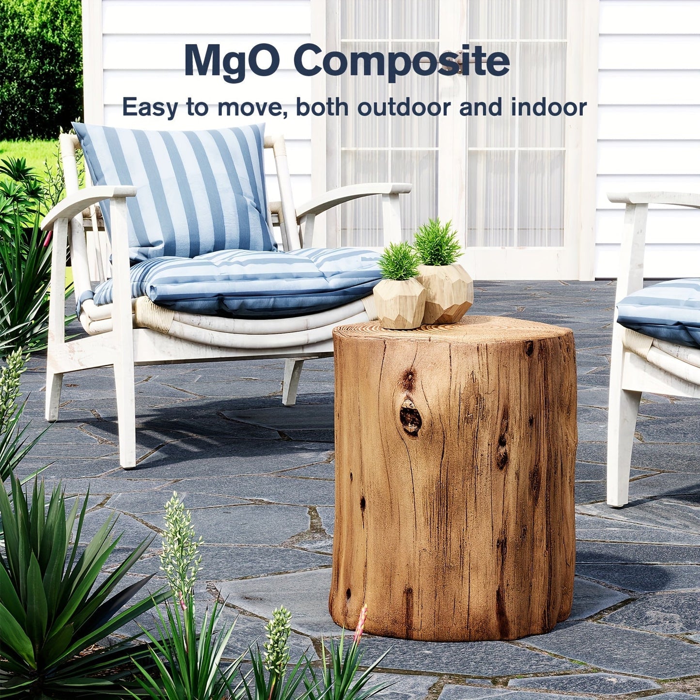 Outdoor Side Table Faux Wood Tree-Stump Design in Magnesia with Cylindrical Form and Brown Finish