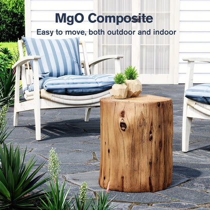Outdoor Side Table Faux Wood Tree-Stump Design in Magnesia with Cylindrical Form and Brown Finish