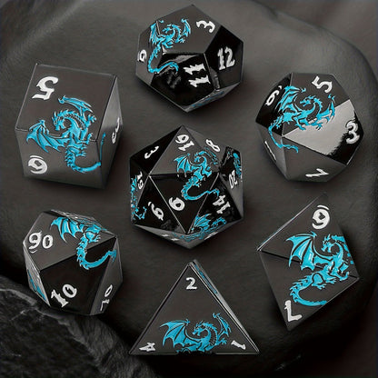 Dragon Metal Dice Set 7pcs Hand-Polished, Retro Carved Dragon Pattern Polyhedral DnD TTRPG RPG Dice with Dragon Storage Bag