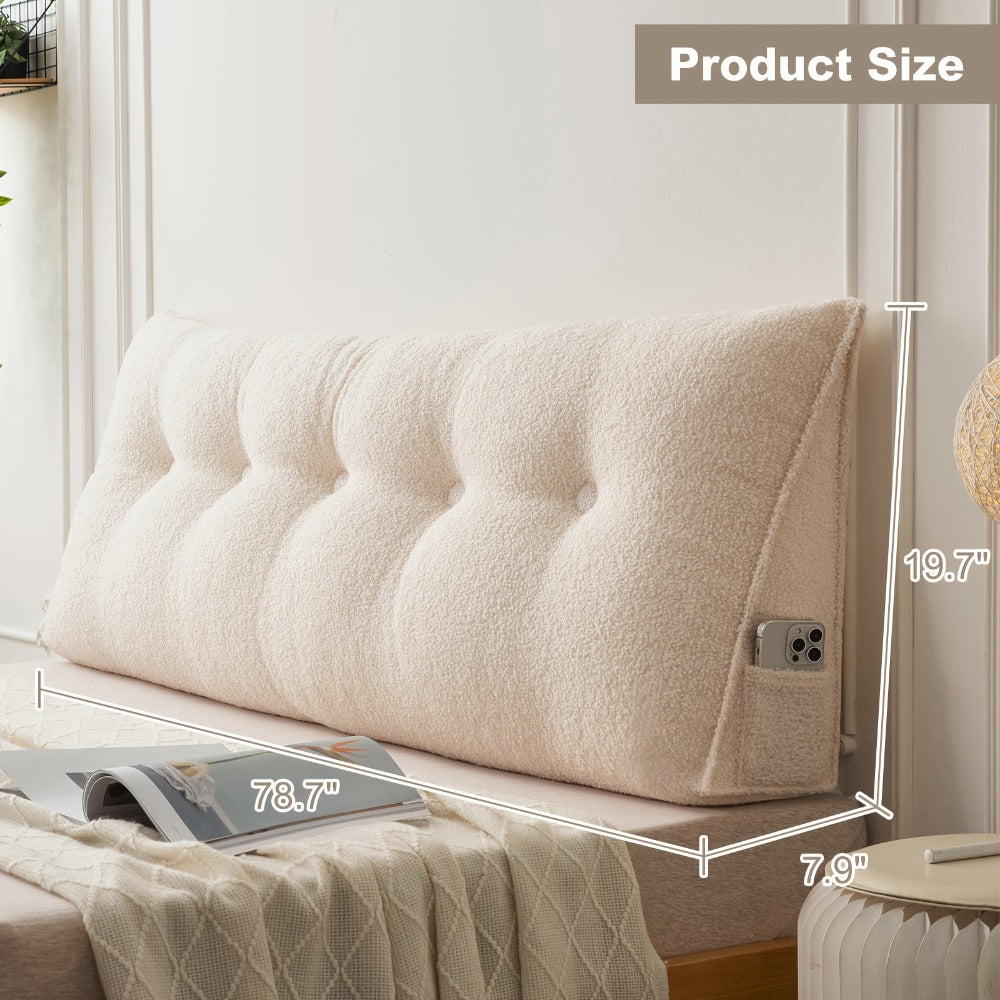 Bed Wedge Pillow Headboard Pillow with Side Pockets Removable Cover Teddy Velvet Reading Pillow Twin Queen King