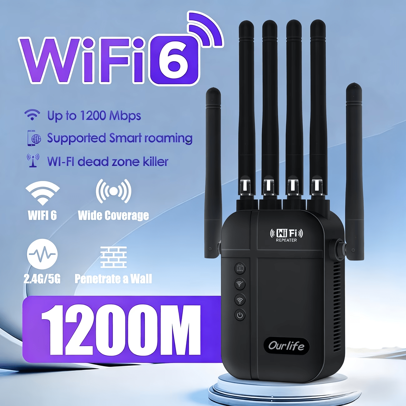 WiFi Extender 1300Mbps Dual Band AP & Relay Mode - 4 Powerful Antennas Full House Coverage, Ethernet Port