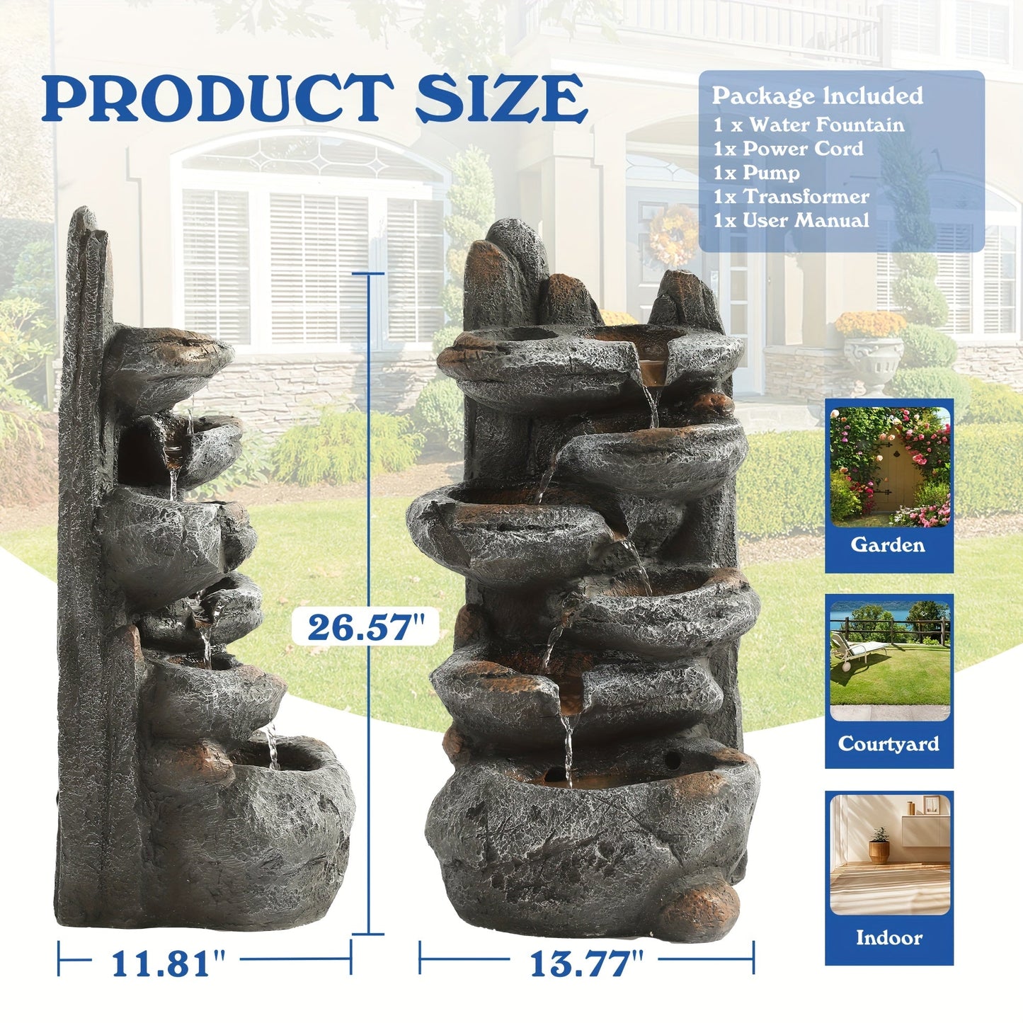 Outdoor Water Fountain 6-Tier Cascading Garden Fountain with LED Lights, Pump & Rocky Peak Decor