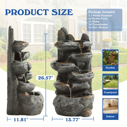 Outdoor Water Fountain 6-Tier Cascading Garden Fountain with LED Lights, Pump & Rocky Peak Decor