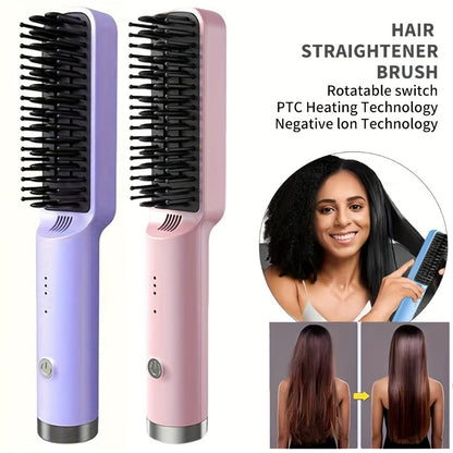 Compact Hair Straightening Brush with Three Color Options, LED Indicators and Three Pictured Heat Levels