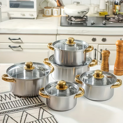 304 Stainless Steel Cookware Set with Golden Handles, 1/10/15pcs Deep Thick Soup Pot & Pan Set for Induction & Gas Stoves