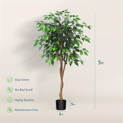Artificial Ficus Tree with Braided Trunk, Full Green Canopy, Black Pot and 4, 5 or 6 ft Height Options