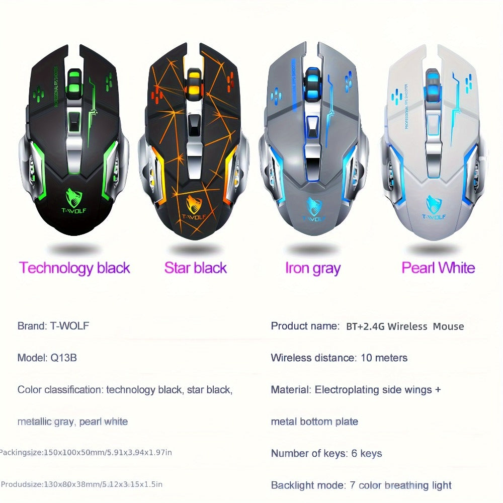 RGB Dual-Mode Wireless Gaming Mouse with Bluetooth 5.0, 2.4 GHz Receiver and Four Color Options