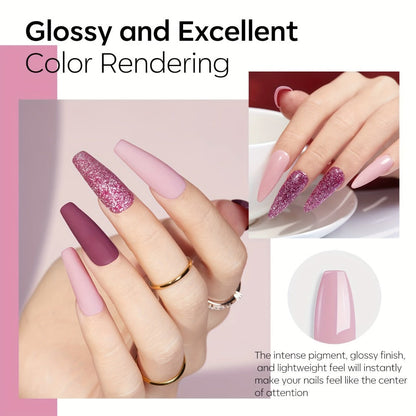 Dip Powder Nail Kit with NOCIS Label, Four Nude Pink Glitter Powders, Three 10ml Liquids and Four Tools