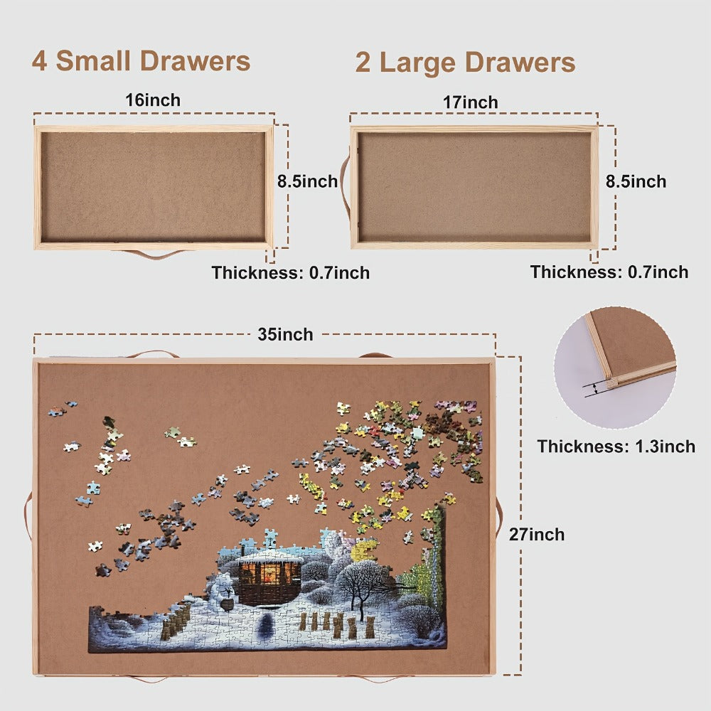 Rotating Puzzle Table with 6 Drawers & Cover for 1500 Pieces – 35"x27" Deluxe Wooden Jigsaw Board with Sorting Storage