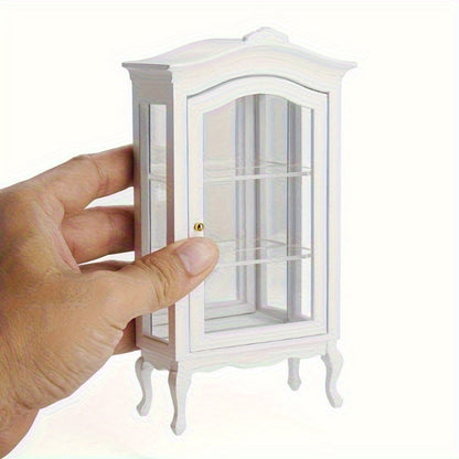 White Miniature Dollhouse Display Cabinet with Mirrored Back, Three Clear Shelves and 16 cm Height