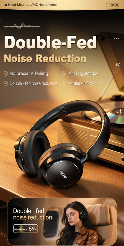 Acer OHR560 Over-Ear Headphones with Bluetooth 5.3, 40mm Drivers, ANC and ENC Labels, Foldable Earcups and AUX