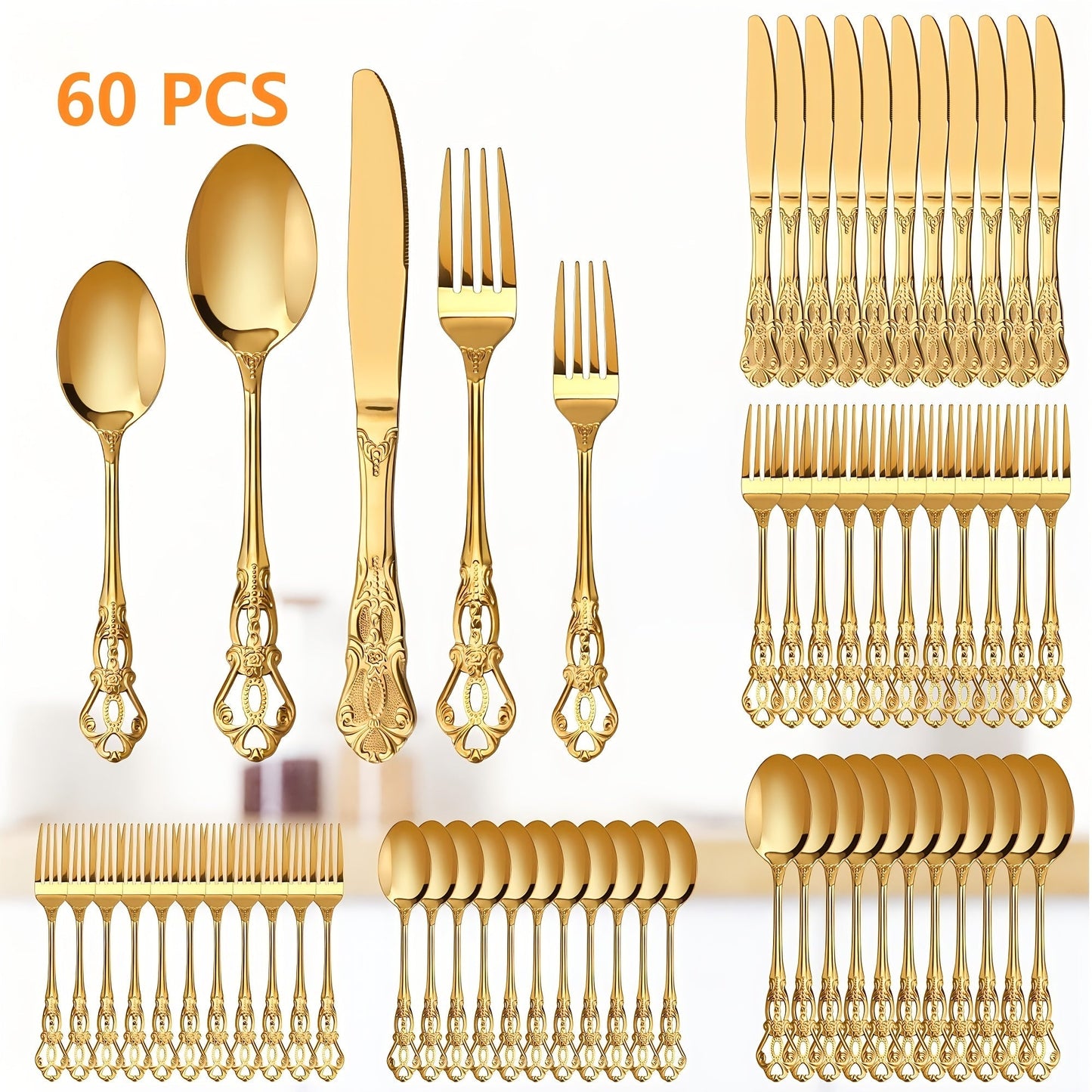 Stainless Steel Flatware Set – Vintage Royal Golden & Silver Silverware Set for 6, Rust-Resistant Dishwasher Safe Cutlery with Forks