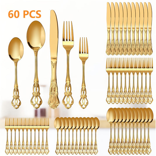 Stainless Steel Flatware Set – Vintage Royal Golden & Silver Silverware Set for 6, Rust-Resistant Dishwasher Safe Cutlery with Forks