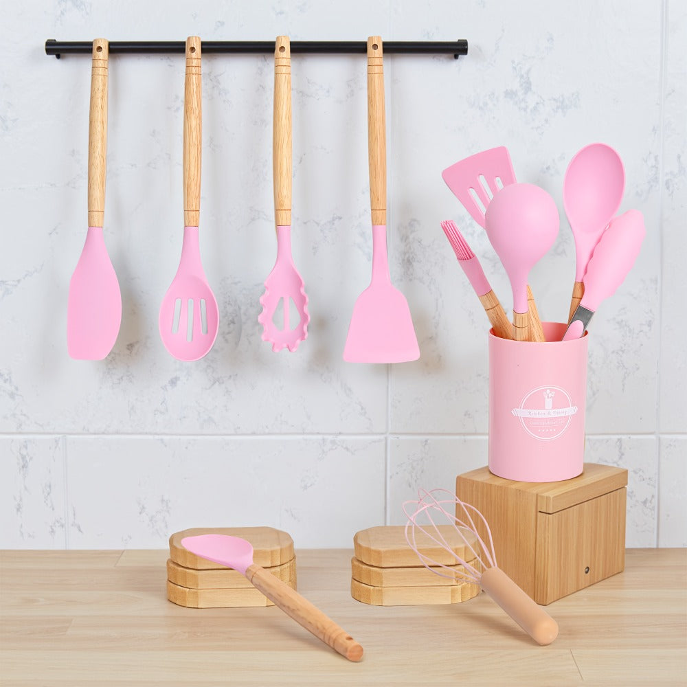 Silicone Kitchen Utensil Set 12PCS with Wooden Handle – Heat Resistant Non-Stick Safe for Home Cooking, Dining and Outdoor Meals