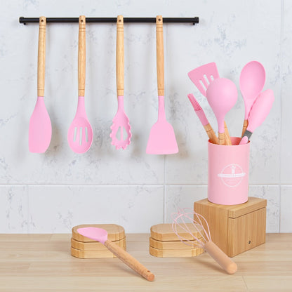 Silicone Kitchen Utensil Set 12PCS with Wooden Handle – Heat Resistant Non-Stick Safe for Home Cooking, Dining and Outdoor Meals