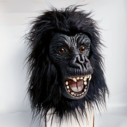 Black Gorilla Full-Head Costume Mask in Open-Eye or Eyeless Styles with Shaggy Fur and Open Mouth