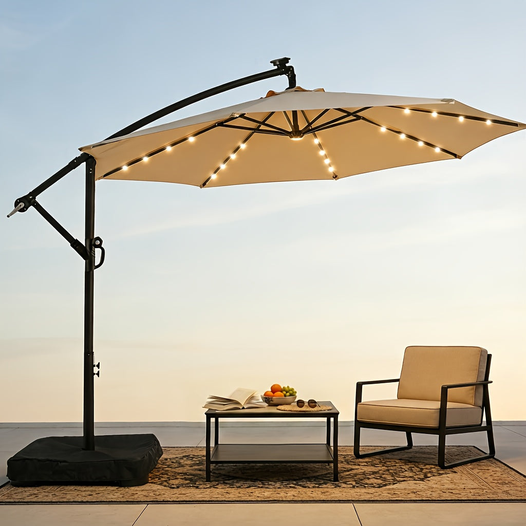Patio Umbrella 10FT Offset Cantilever Solar LED Style with Tilt, Crank and 16 Base-Choice Color Options