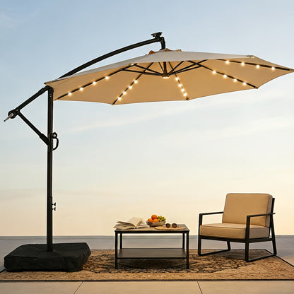 Patio Umbrella 10FT Offset Cantilever Solar LED Style with Tilt, Crank and 16 Base-Choice Color Options