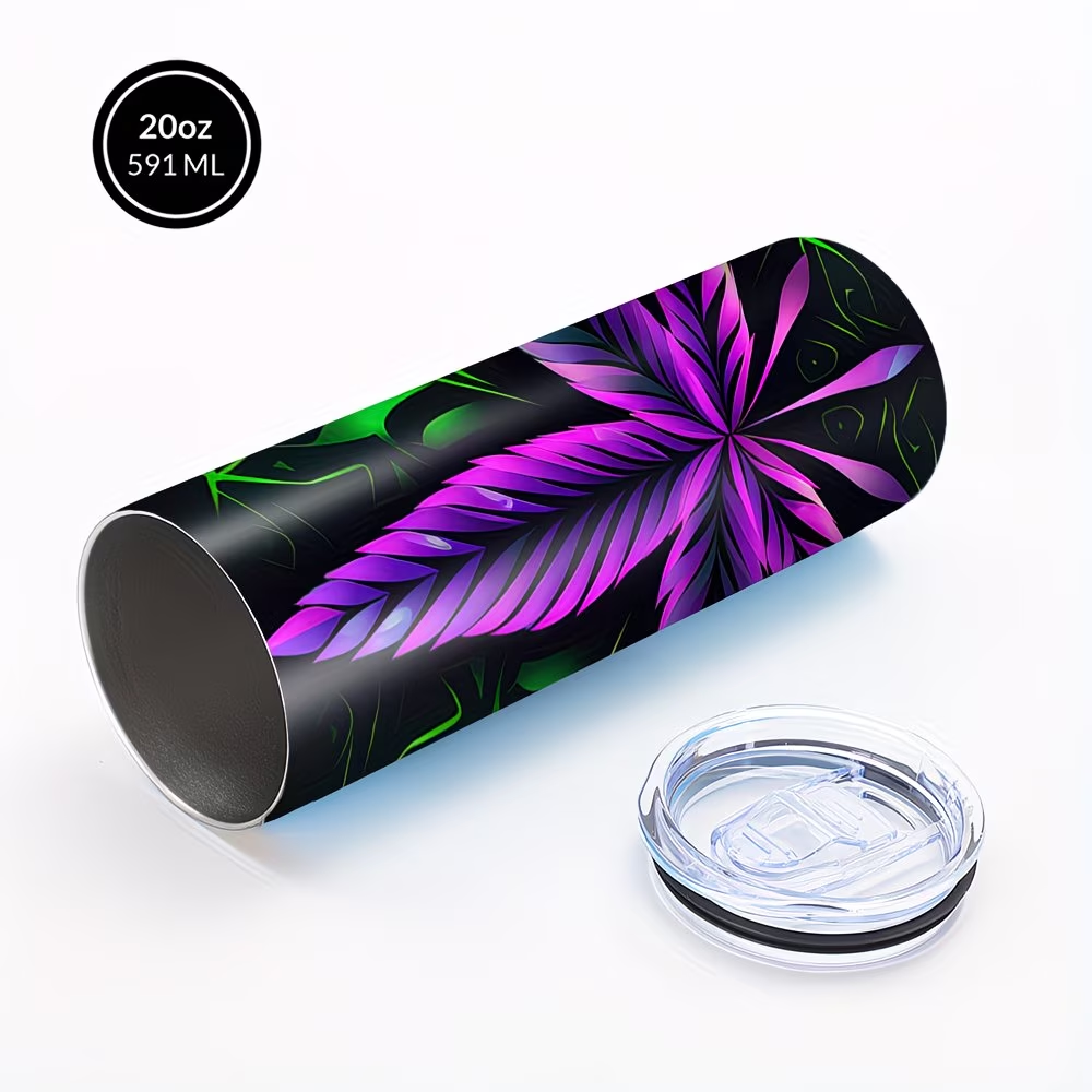 20oz Black Tumbler with Purple Leaf Graphic, Clear Lid and Metal Straw, 7.2 x 17.5 cm Pictured Size