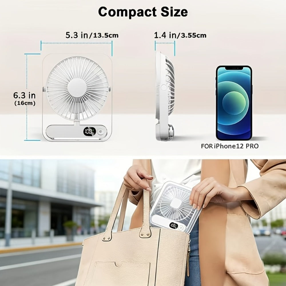 Portable USB Desktop Fan 3000mAh Battery, Ultra-Quiet 5-Speed Foldable Fan with 180° Adjustable Tilt and Digital Power Display