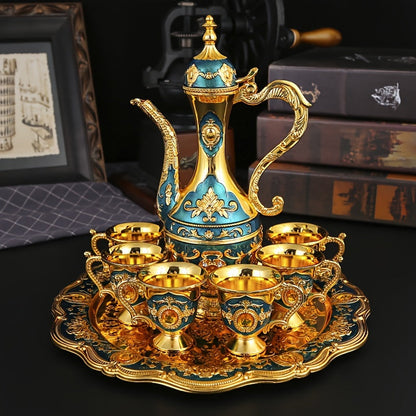 Vintage Turkish Coffee Tea Set – Zinc Alloy Teapot, 6 Cups & Tray | European Style Luxury Gift Set for Tea, Coffee & Cappuccino