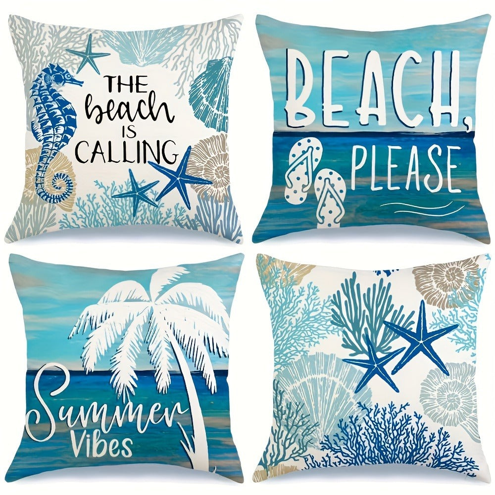 Four-Piece Coastal Pillow Cover Set, 18 x 18 Inches with Palm, Coral, Starfish and Beach Typography Designs