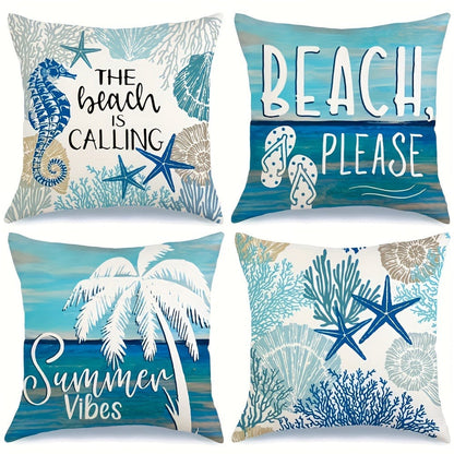 Four-Piece Coastal Pillow Cover Set, 18 x 18 Inches with Palm, Coral, Starfish and Beach Typography Designs