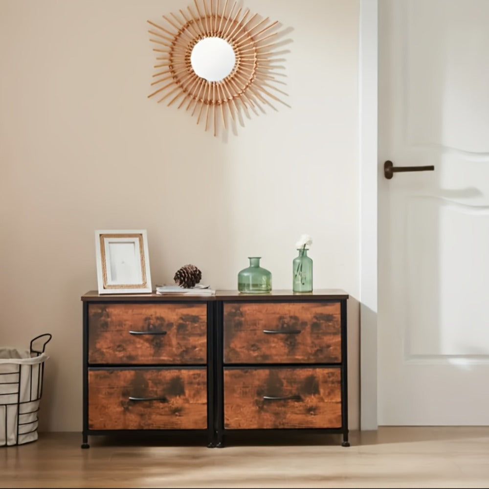 Nightstand with 2 Storage Drawers, 20" Bedside Table with Wooden Top & Fabric Cabinet, Steel Frame Mini Dresser for Bedroom