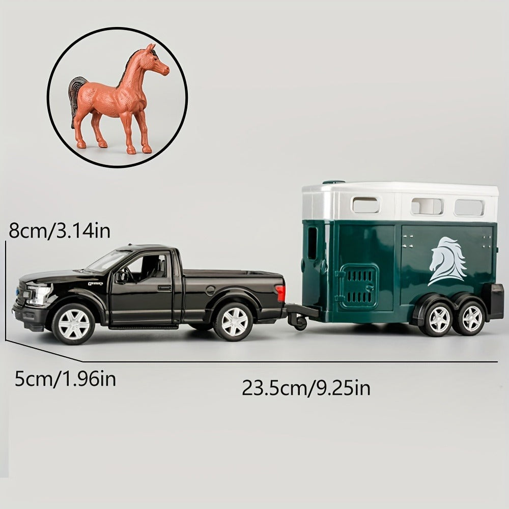 RMZCity 1:36 Scale Zinc Alloy Pull Back Car with Horse Trailer & Horse Vehicle, Openable Doors Diecast Toy Set for Kids & Adults