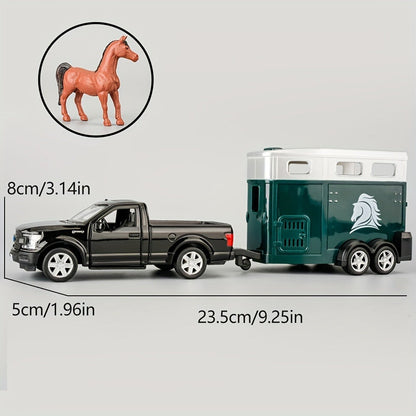 RMZCity 1:36 Scale Zinc Alloy Pull Back Car with Horse Trailer & Horse Vehicle, Openable Doors Diecast Toy Set for Kids & Adults