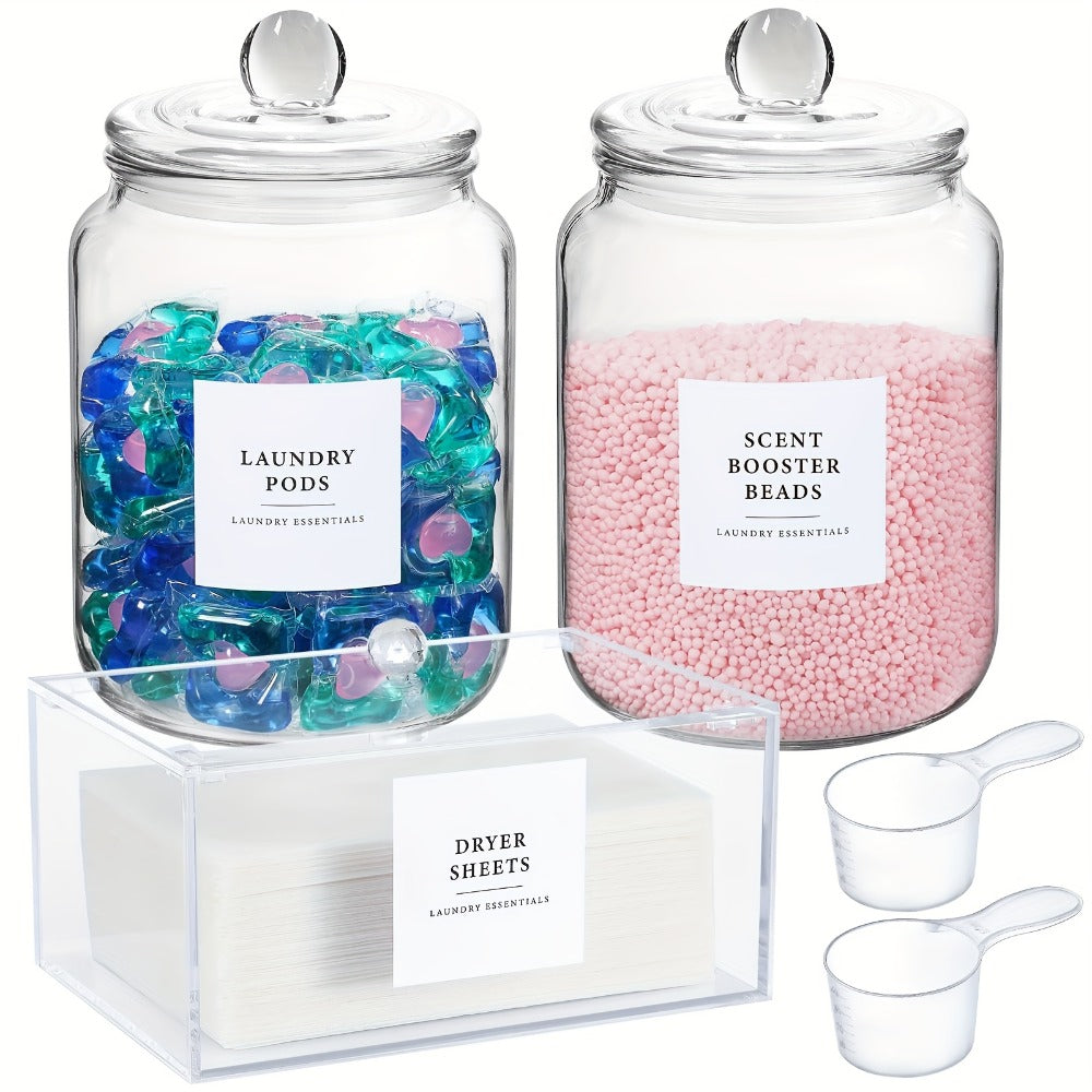 Airtight Glass Jars with Lids Labels and Spoons Half Gallon Storage Canisters for Laundry Detergent Pods Scent Booster Beads Kitchen Pantry