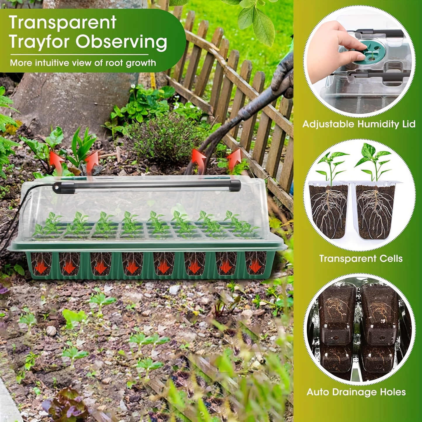 Seed Starting Tray Kit 4-Set 160 Cells High Dome | 8 LED Grow Lights Smart Timer 3 Modes 5 Brightness | Indoor Greenhouse Germination