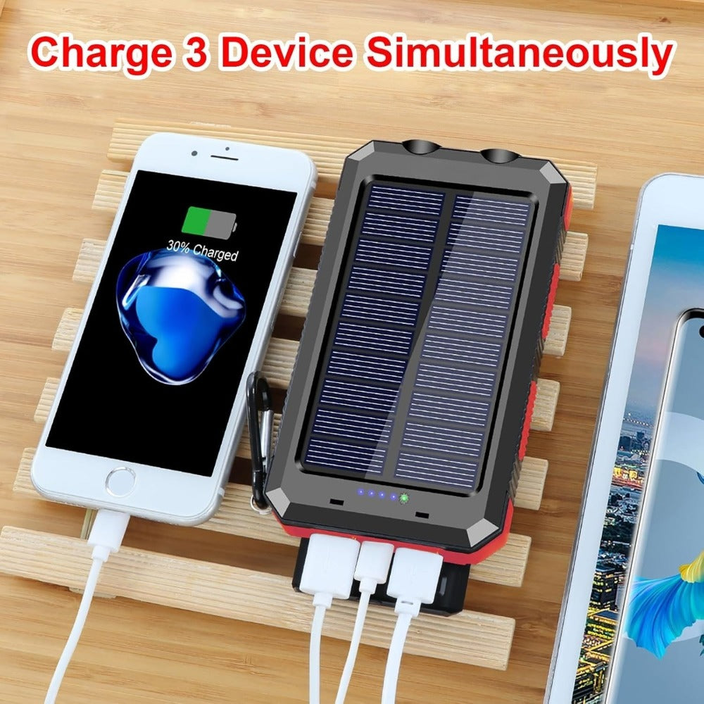 Solar Power Bank 20000mAh Outdoor Portable Charger with LED Flashlight SOS Compass & Carabiner Hook