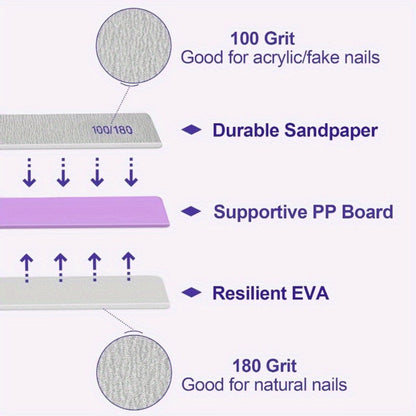 Emery Boards Nail Files 50 Pack 100 180 Grit Double Sided Professional Fingernail Filer Set Reusable for Natural Acrylic Gel Nails Manicure