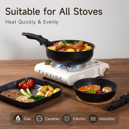Cookware Set A Dinnerware 16- or 26-Piece Detachable-Handle Pots and Pans in Black or Beige for Compact Storage
