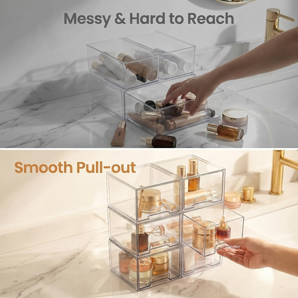 Clear Stackable Storage Drawers 8 Pack – Acrylic Bathroom Organizer Bins with Pull-Out Handle, BPA-Free Plastic Makeup Storage for Vanity