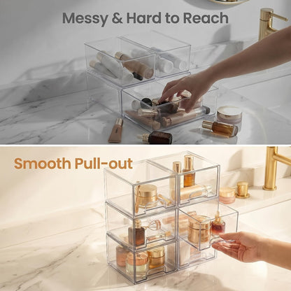Clear Stackable Storage Drawers 8 Pack – Acrylic Bathroom Organizer Bins with Pull-Out Handle, BPA-Free Plastic Makeup Storage for Vanity