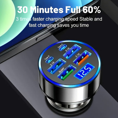 6-in-1 Car Charger 2-Pack with Ambient Light & Voltage Display, Dual PD Fast Charge + QC3.0 + 4 USB Ports Matte Finish
