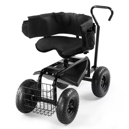Rolling Garden Seat Cart, Backrest, Cushion, Telescopic Handle & Storage Basket, Steel Frame