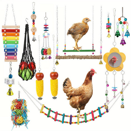 Chicken Coop Toys Set – Xylophone, Swing, Mirror, Step Ladder & Pecking Toys for Hens, Wood & Colorful Bead Enrichment Accessories