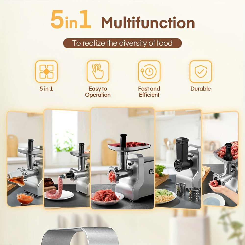 Electric Meat Grinder 5-in-1 with Sausage Stuffer Vegetable Slicer Tomato Juicer Kubbe Kit 3 Grinding Plates 3 Speed Settings per Min