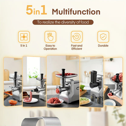 Electric Meat Grinder 5-in-1 with Sausage Stuffer Vegetable Slicer Tomato Juicer Kubbe Kit 3 Grinding Plates 3 Speed Settings per Min