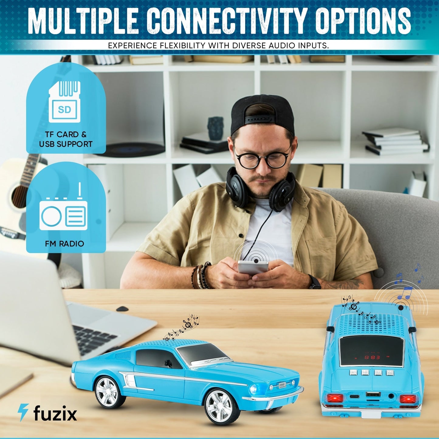 Fuzix WS-1967 Classic Car Bluetooth Speaker with LED Lights | Retro Replica Wireless Stereo, FM Radio, USB/TF/AUX, Built-in Mic