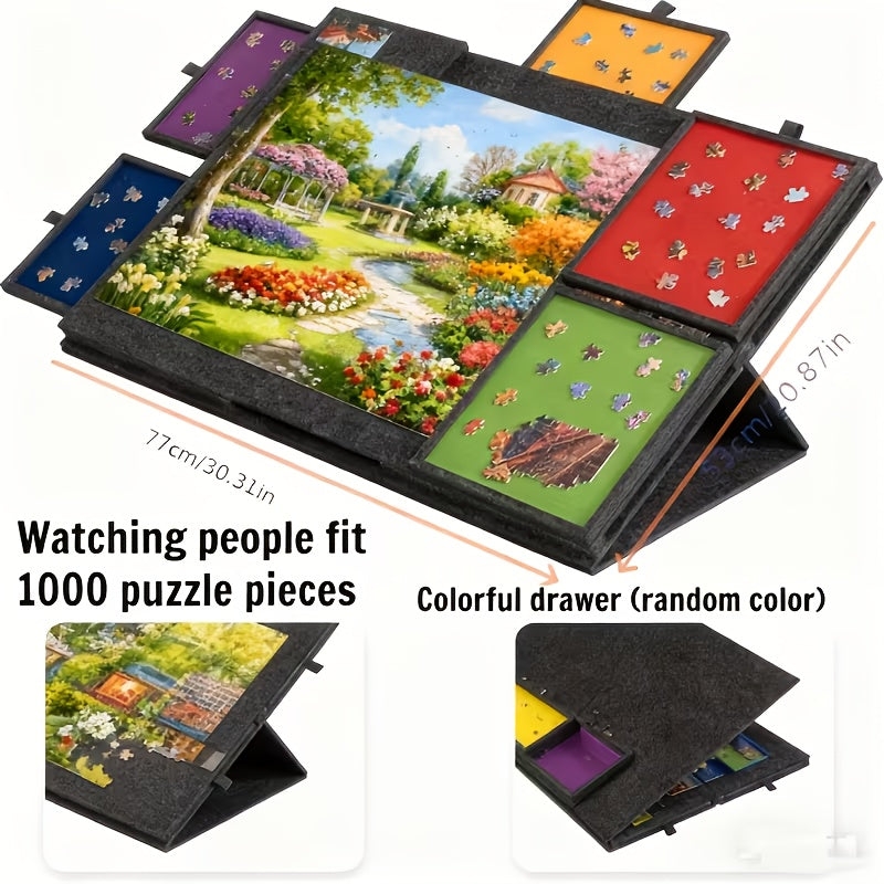 Dark-Gray Tilting Puzzle Board with Six Colored Drawers, Folding Stand and 1000-Piece Label