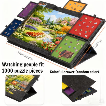 Dark-Gray Tilting Puzzle Board with Six Colored Drawers, Folding Stand and 1000-Piece Label