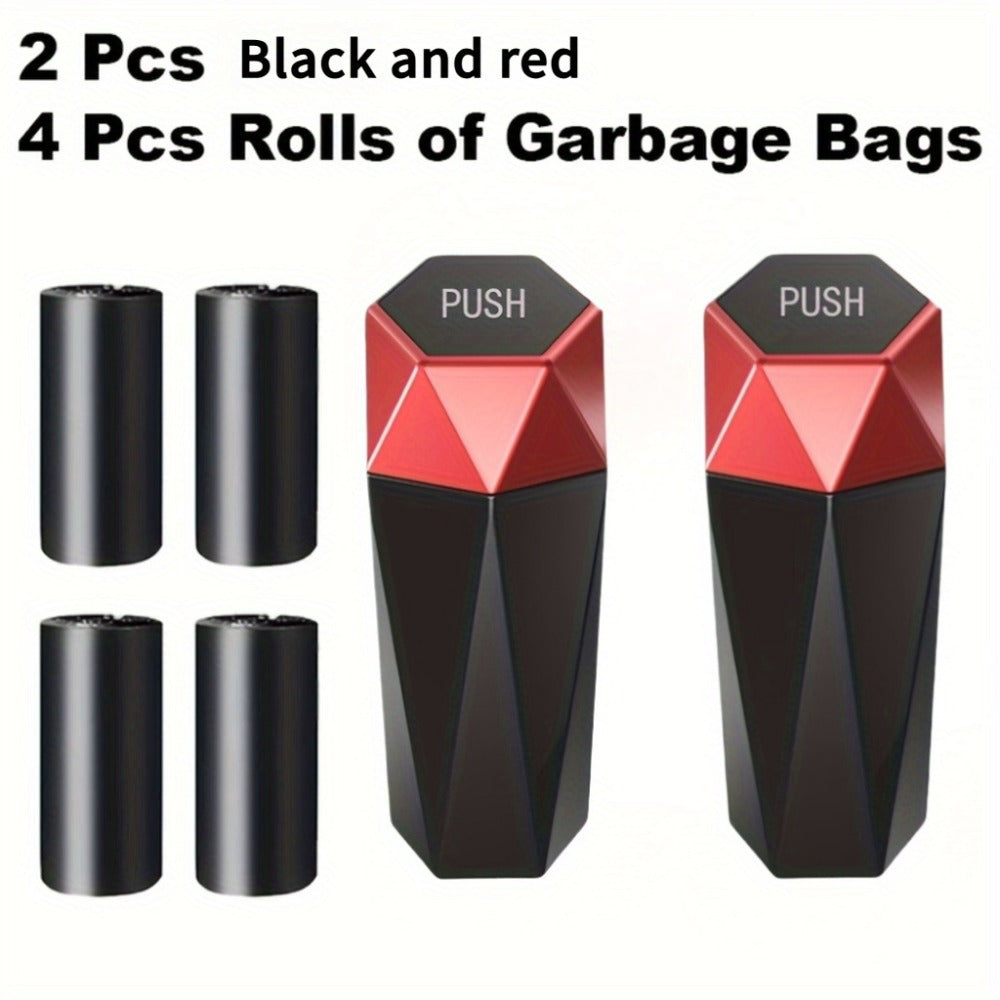 Diamond-Pattern Mini Car Trash Can Pair with Four Bag Rolls, Push Lids and Four Color Choices