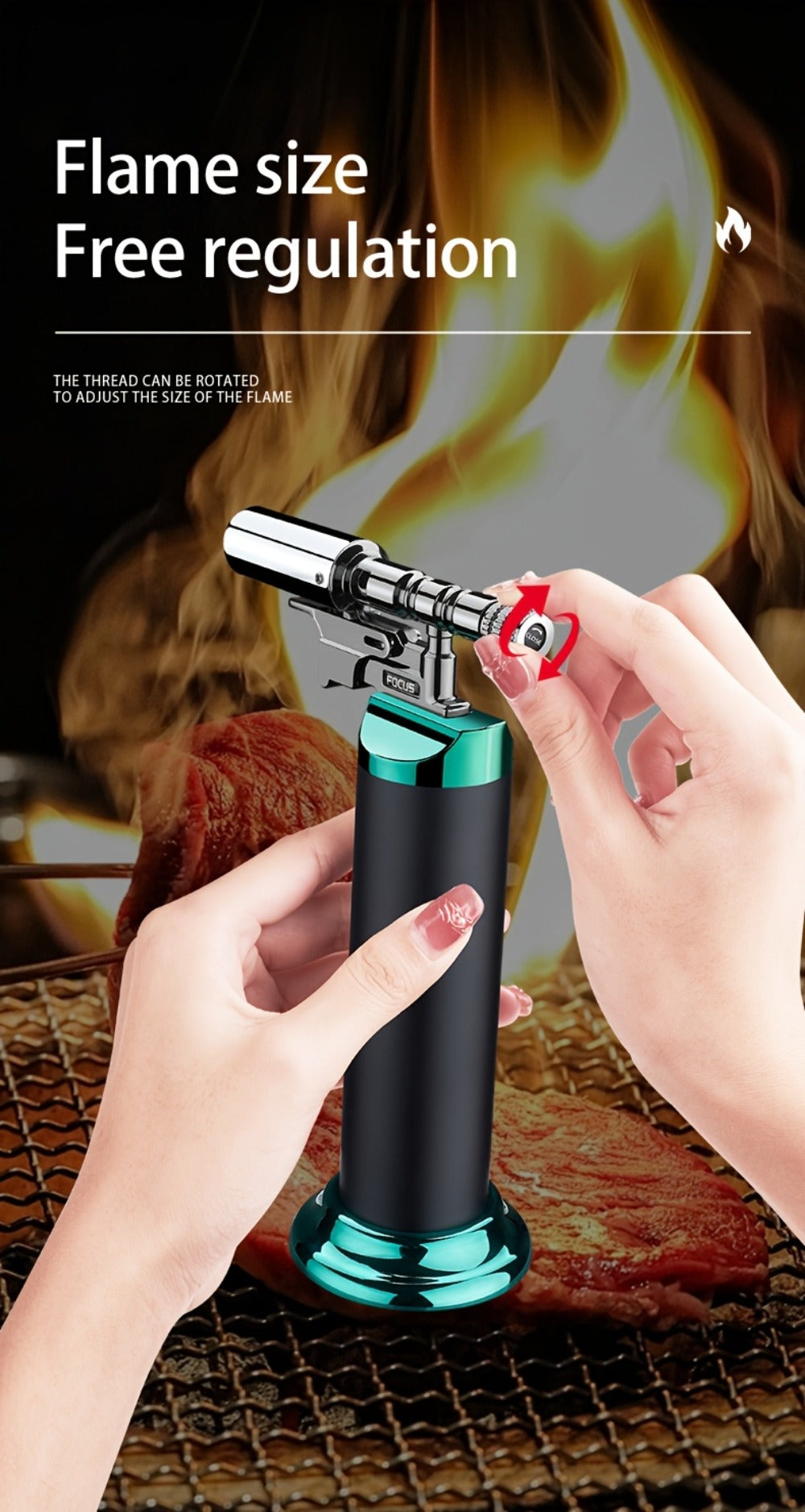Culinary Stand Torch Lighter with Wide Stable Base, Horizontal Torch Head and Four Finishes