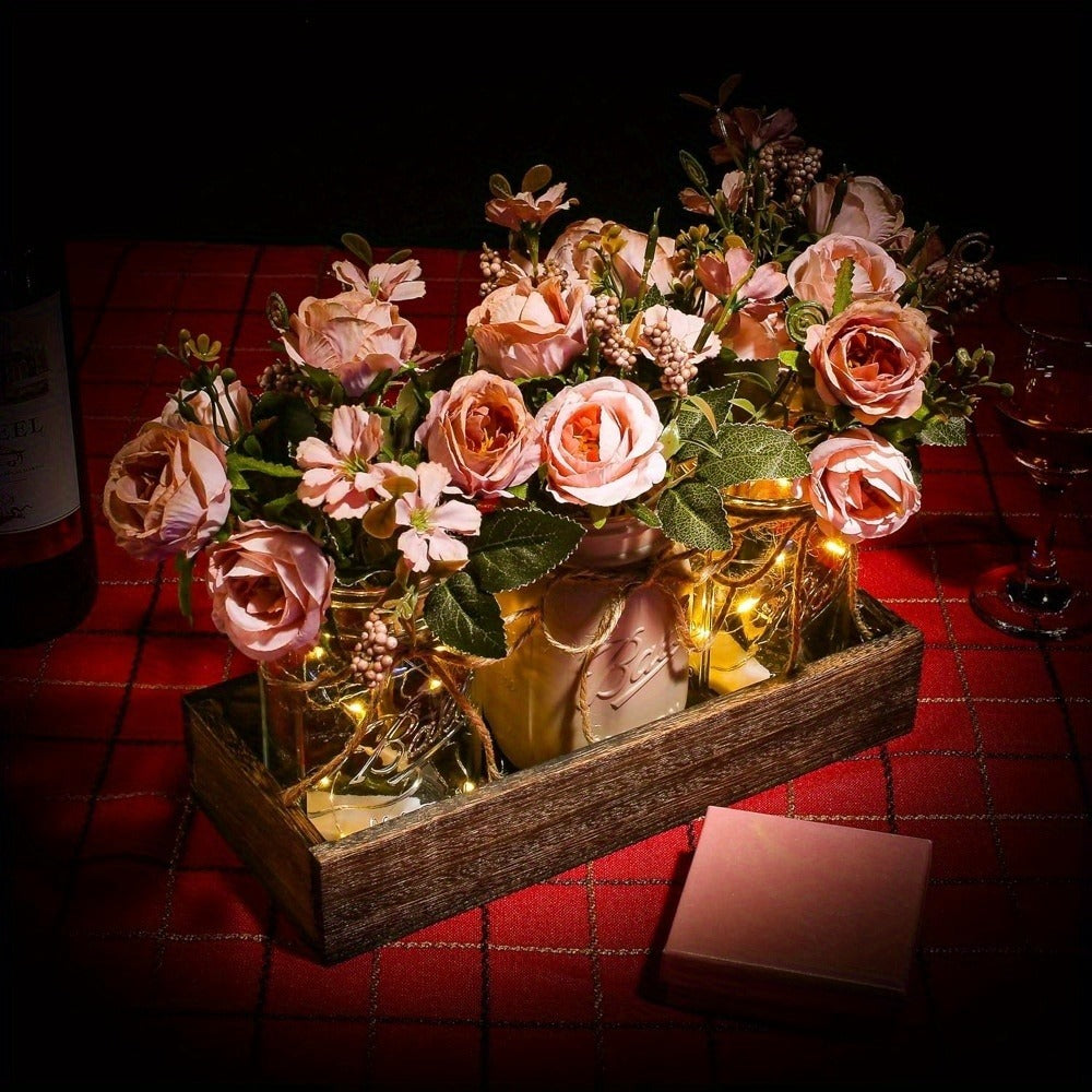 Mason Jar Centerpiece Table Decorations with Wood Tray & LED Lights, 3-Piece Farmhouse Decor Set for Dining Room